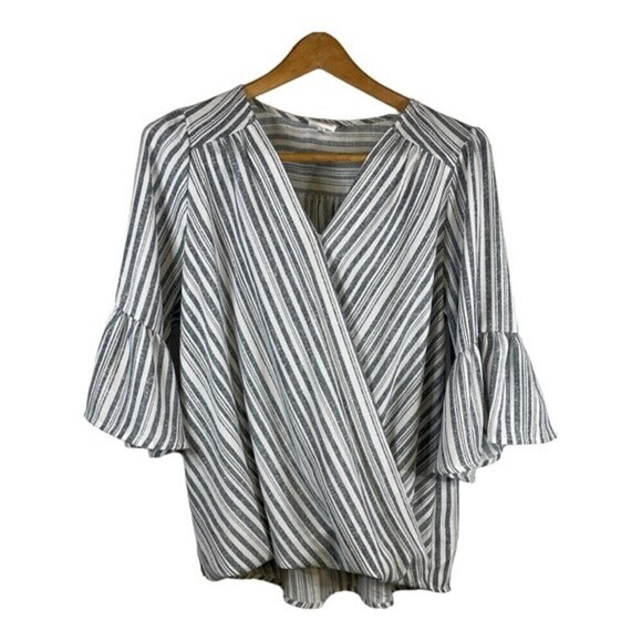 𝅺LATE August Women's Top Boho Wrap Design with Bell Sleeves Navy and White Sz M - Picture 1 of 7